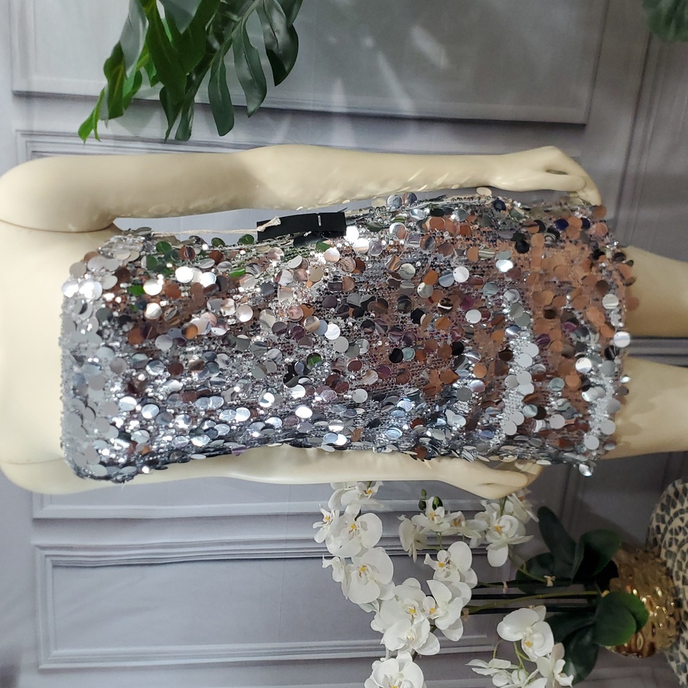 West of Melrose silver stretch sequins party cocktail dress S